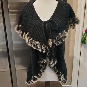 Elegant FAUST COUTURE Black Wool Blend W Rabbit Fur Laced Trim Cardigan Sweater